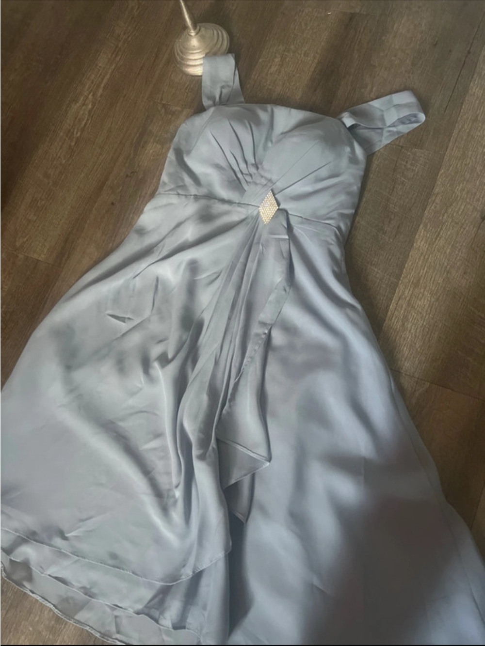 One-Shoulder Light Blue Satin Dress with Rhinestone Detail